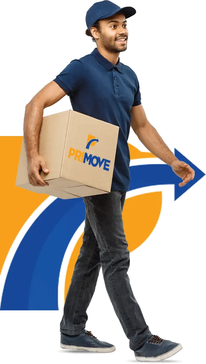 Primove removalist carrying a Primove carton in front of the company logo